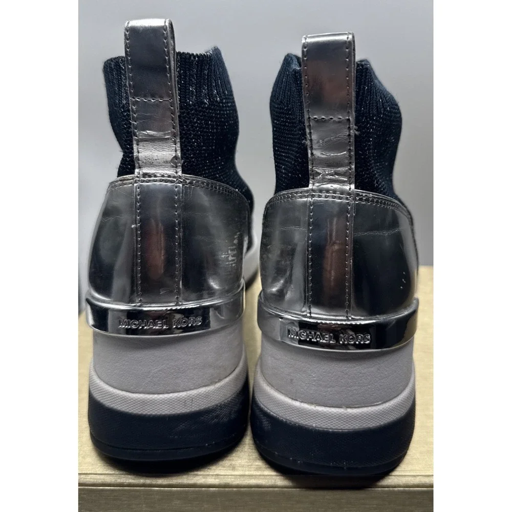 Michael Kors Women's Blue/Silver Knit Ankle Sock Bootie Slip On Wedge Size 8